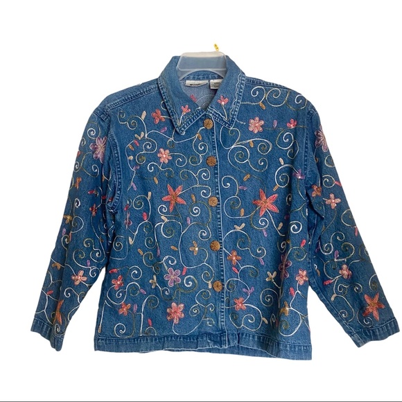 Vintage Units Embroidered Floral Denim Jean Shirt Jacket L - Picture 1 of 7
